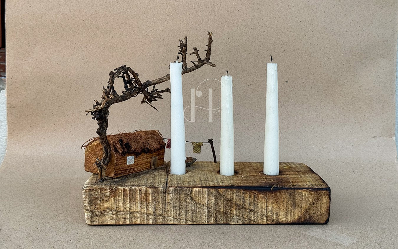 Woodland Trio – Rustic Wooden Candle Holder with Miniature Village