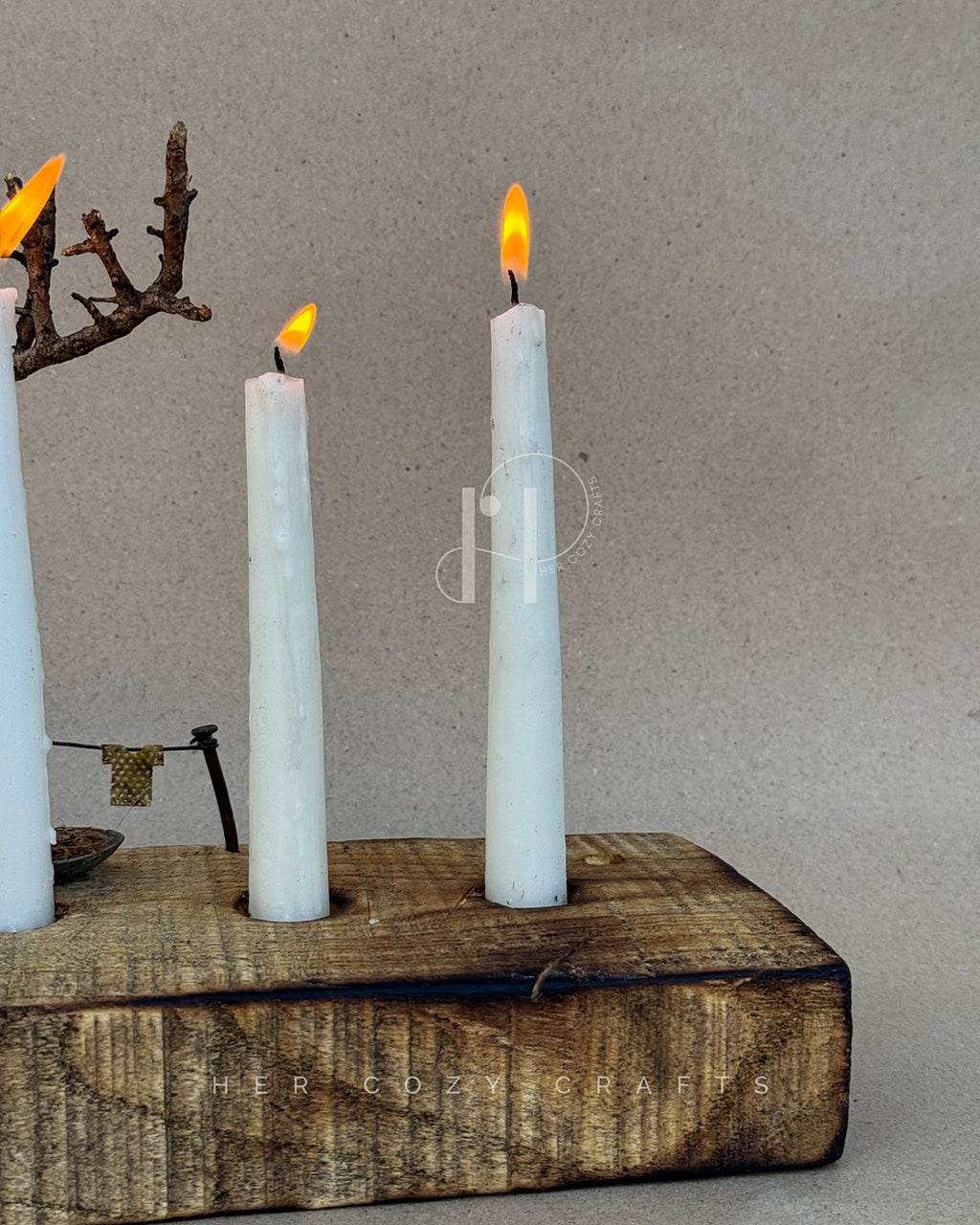 Woodland Trio – Rustic Wooden Candle Holder with Miniature Village
