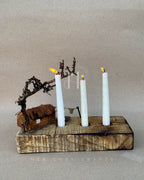 Woodland Trio – Rustic Wooden Candle Holder with Miniature Village