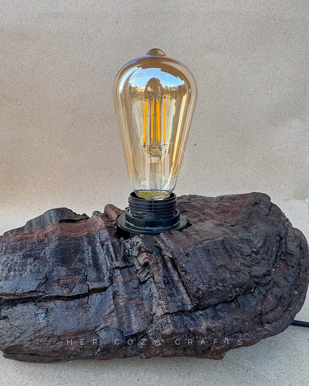 Timber Glow Lamp – Rustic Driftwood Base with Exposed Bulb