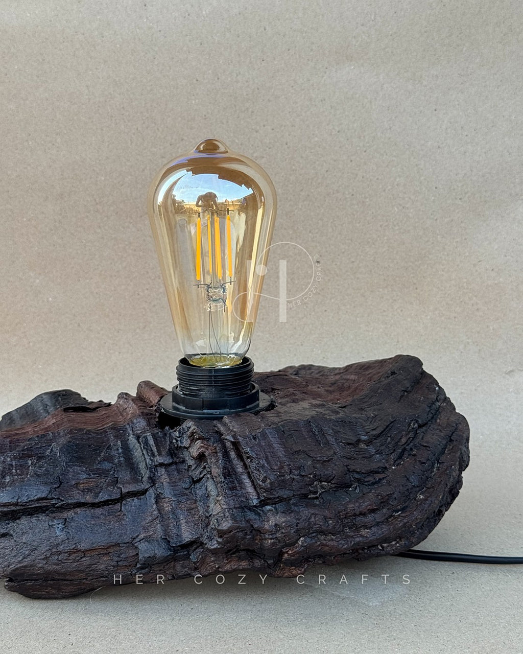 Timber Glow Lamp – Rustic Driftwood Base with Exposed Bulb