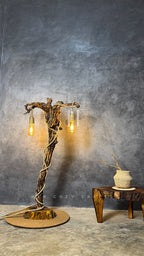 Curled roots lamp - made from vintage wood with two bulbs hanging
