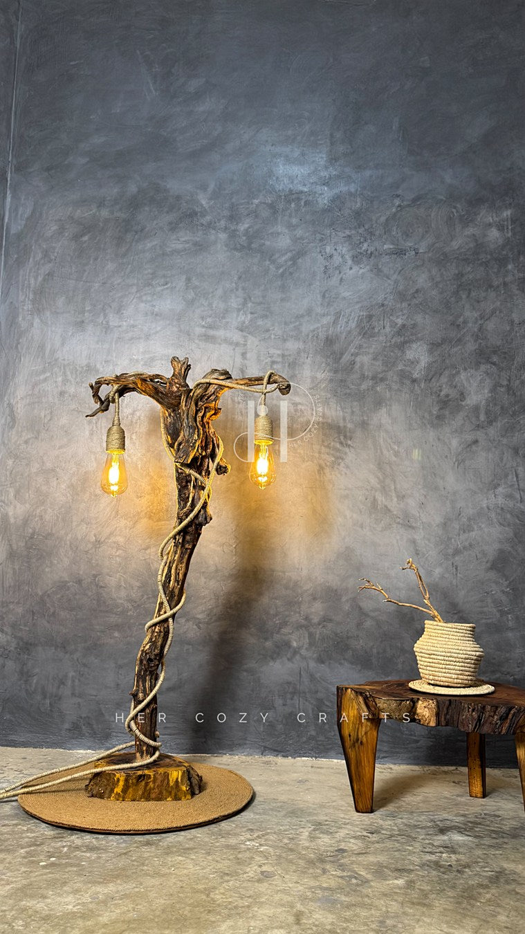 Curled roots lamp - made from vintage wood with two bulbs hanging
