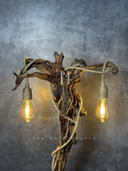 Curled roots lamp - made from vintage wood with two bulbs hanging