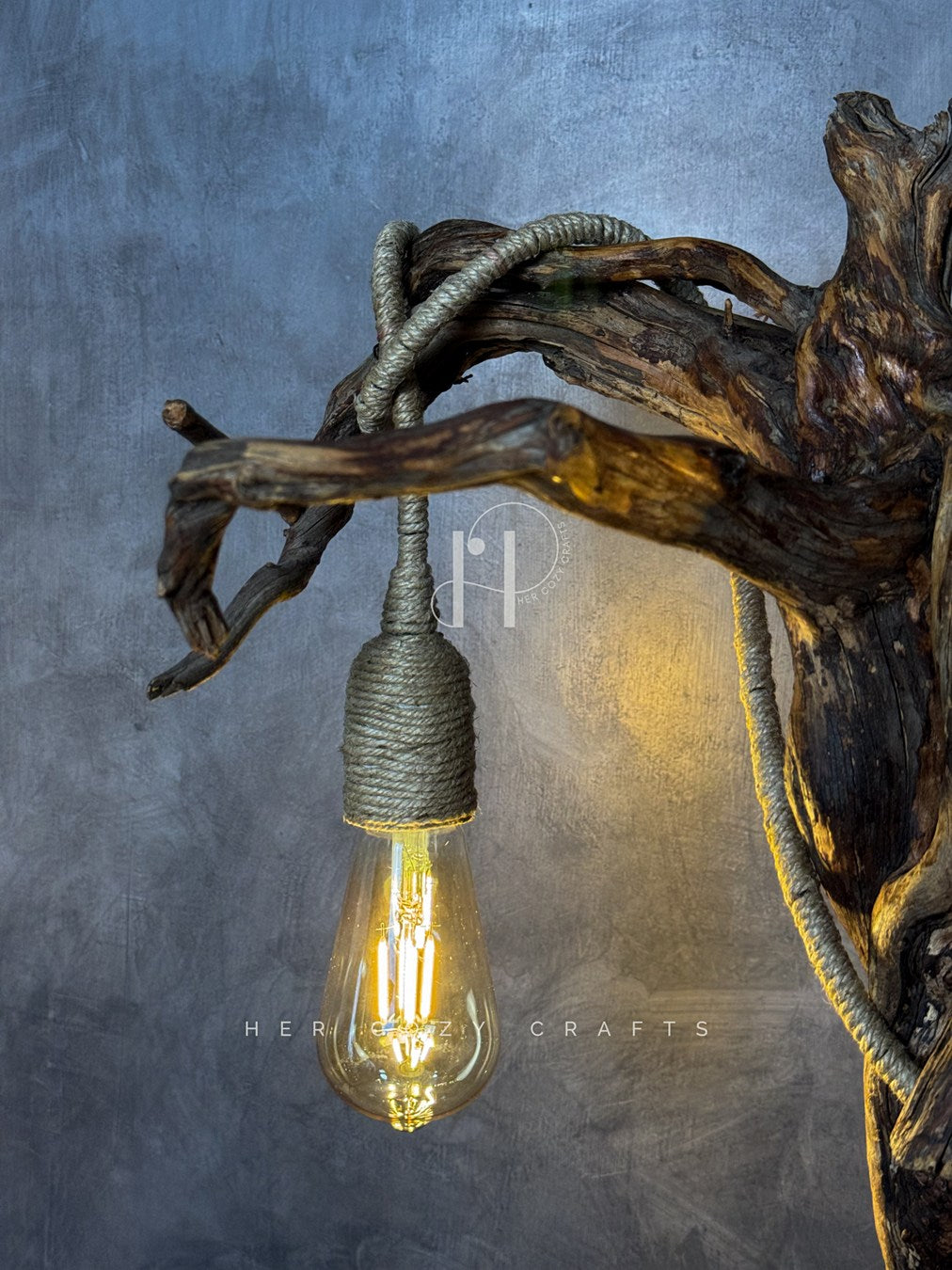 Curled roots lamp - made from vintage wood with two bulbs hanging