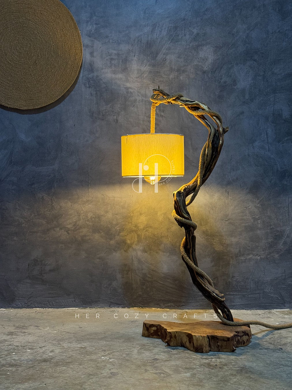 The Wildwood Halo Lamp-
Twisted Driftwood Table Lamp with Jute-Wrapped Branch & Miniature Cottage