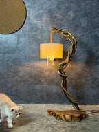 The Wildwood Halo Lamp-
Twisted Driftwood Table Lamp with Jute-Wrapped Branch & Miniature Cottage