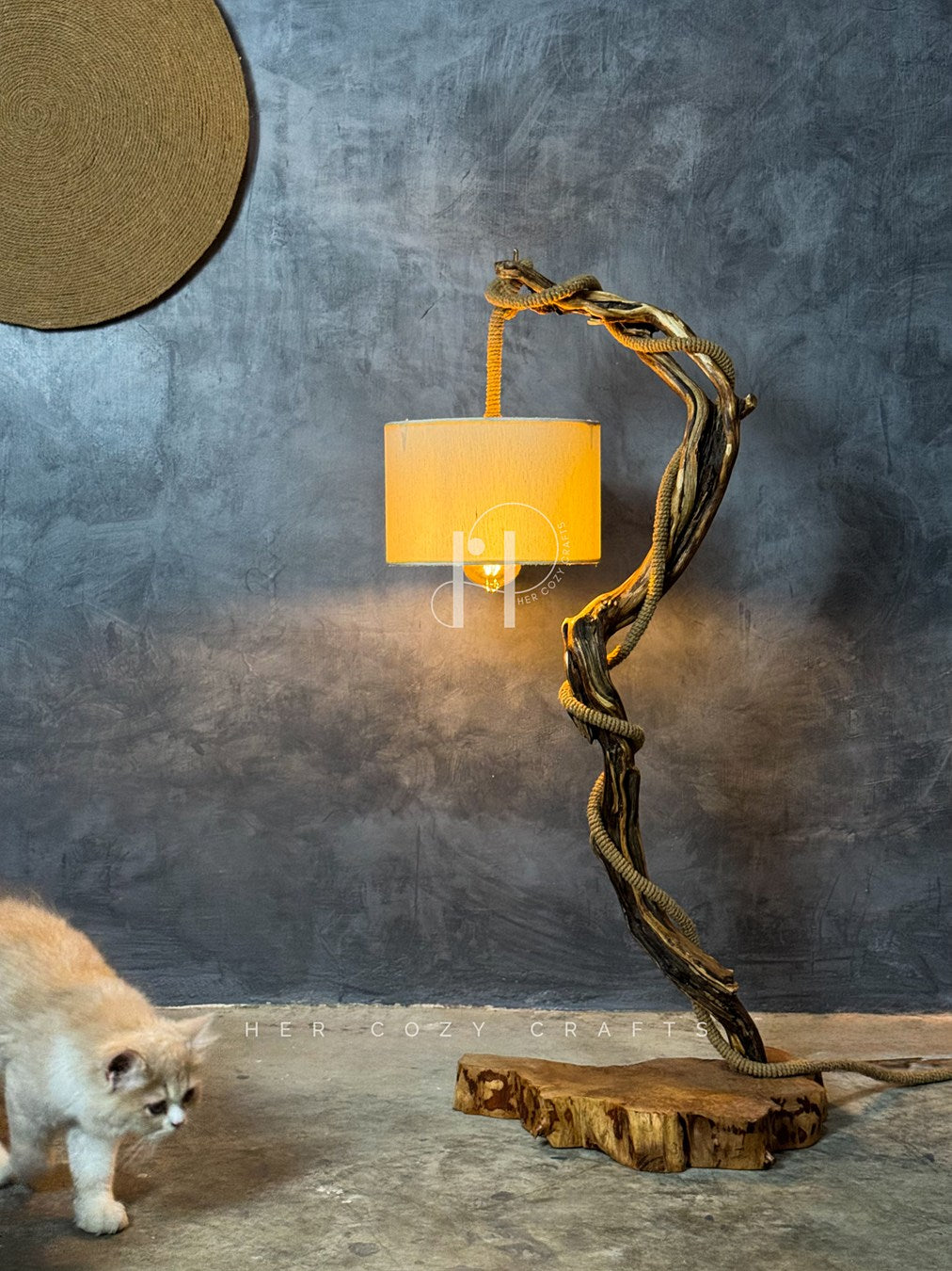 The Wildwood Halo Lamp-
Twisted Driftwood Table Lamp with Jute-Wrapped Branch & Miniature Cottage