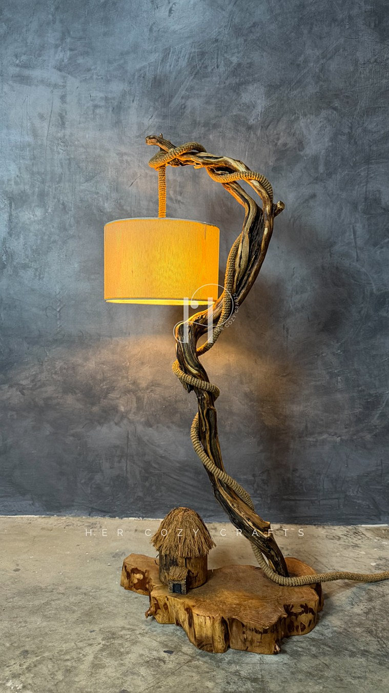 The Wildwood Halo Lamp-
Twisted Driftwood Table Lamp with Jute-Wrapped Branch & Miniature Cottage