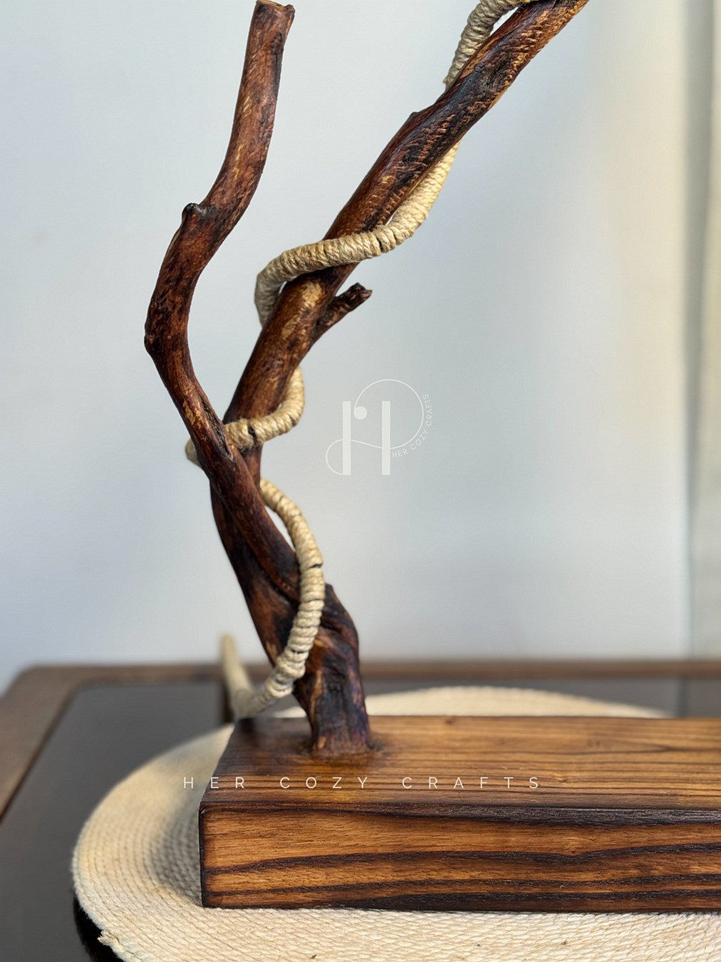 Wildwood Arc Lamp-Handcrafted Driftwood Lamp with Jute-Wrapped Hanging Bulb
