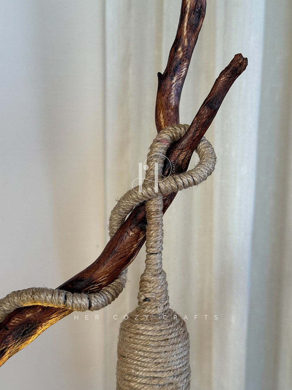 Wildwood Arc Lamp-Handcrafted Driftwood Lamp with Jute-Wrapped Hanging Bulb