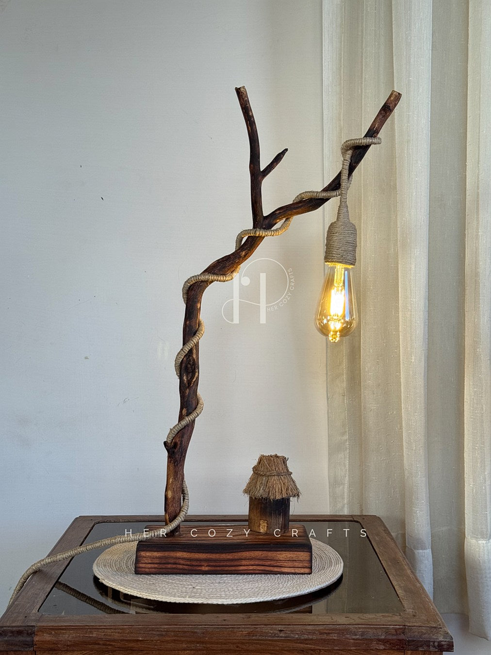 Branch Haven Lamp-Handcrafted Driftwood Lamp with Jute-Wrapped Hanging Bulb & Miniature Cottage