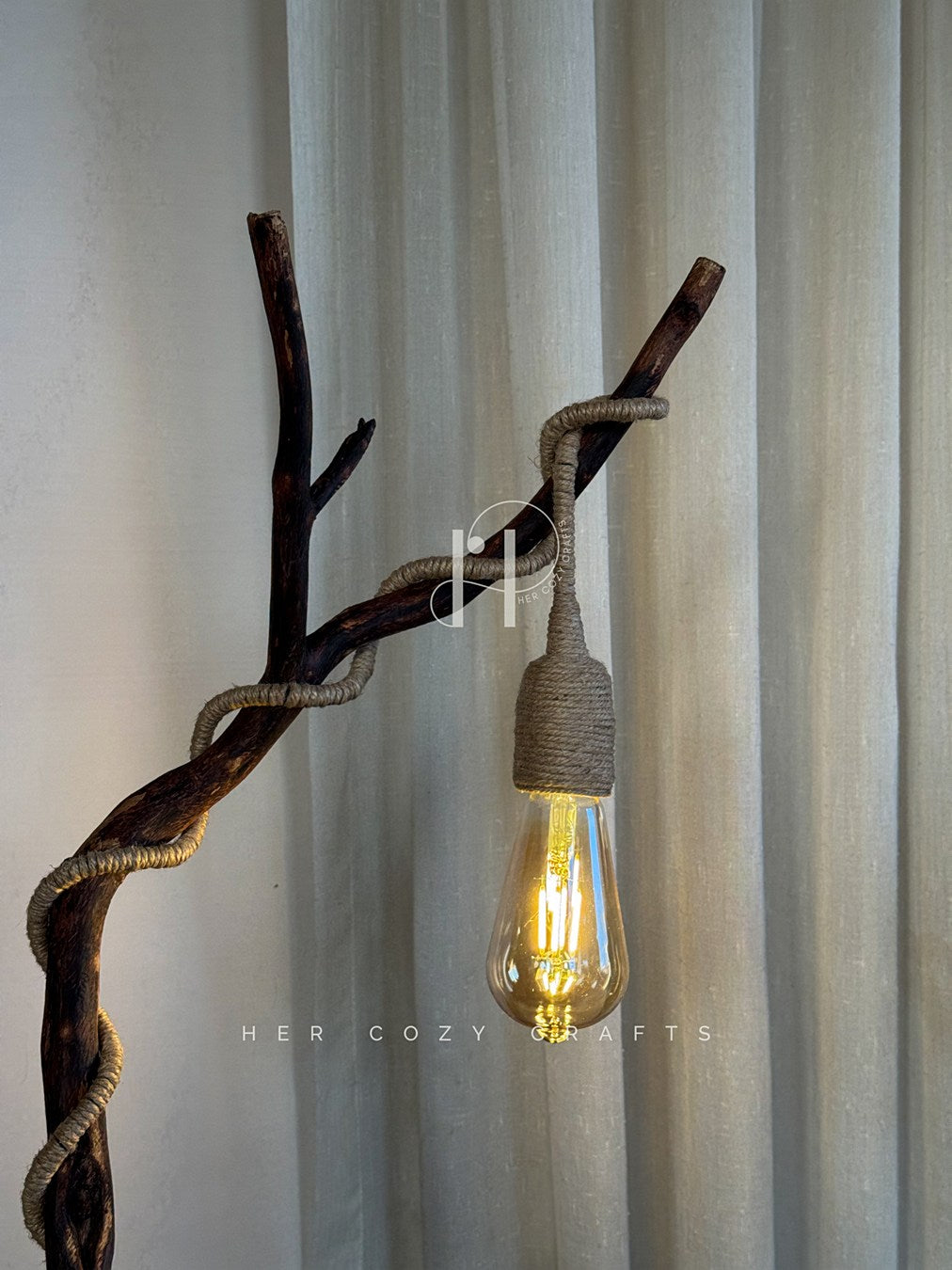 Branch Haven Lamp-Handcrafted Driftwood Lamp with Jute-Wrapped Hanging Bulb & Miniature Cottage
