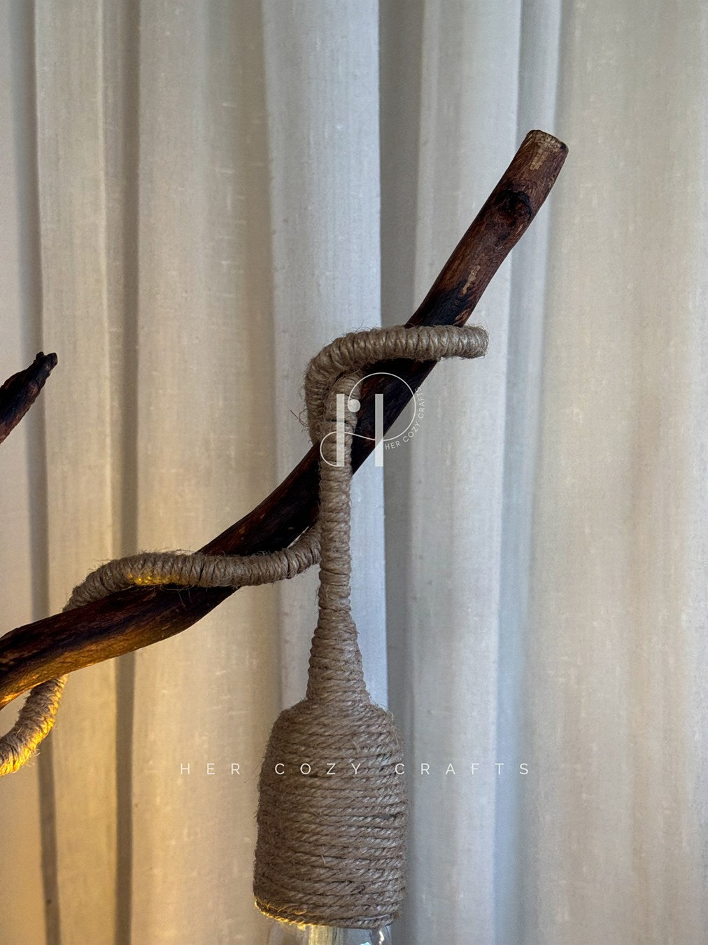 Branch Haven Lamp-Handcrafted Driftwood Lamp with Jute-Wrapped Hanging Bulb & Miniature Cottage