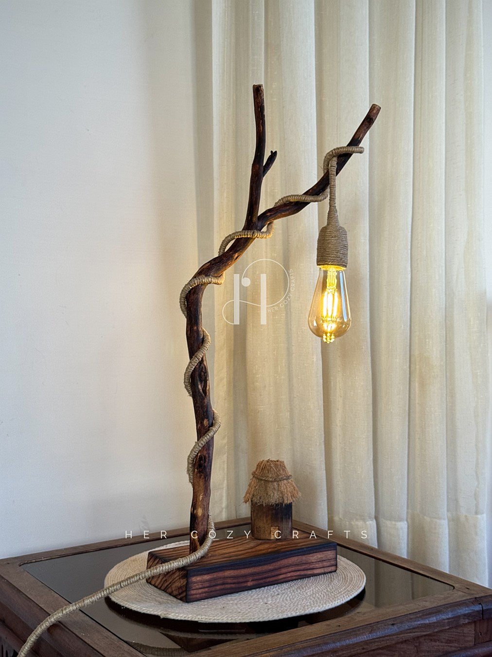Branch Haven Lamp-Handcrafted Driftwood Lamp with Jute-Wrapped Hanging Bulb & Miniature Cottage