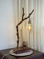 Branch Haven Lamp-Handcrafted Driftwood Lamp with Jute-Wrapped Hanging Bulb & Miniature Cottage