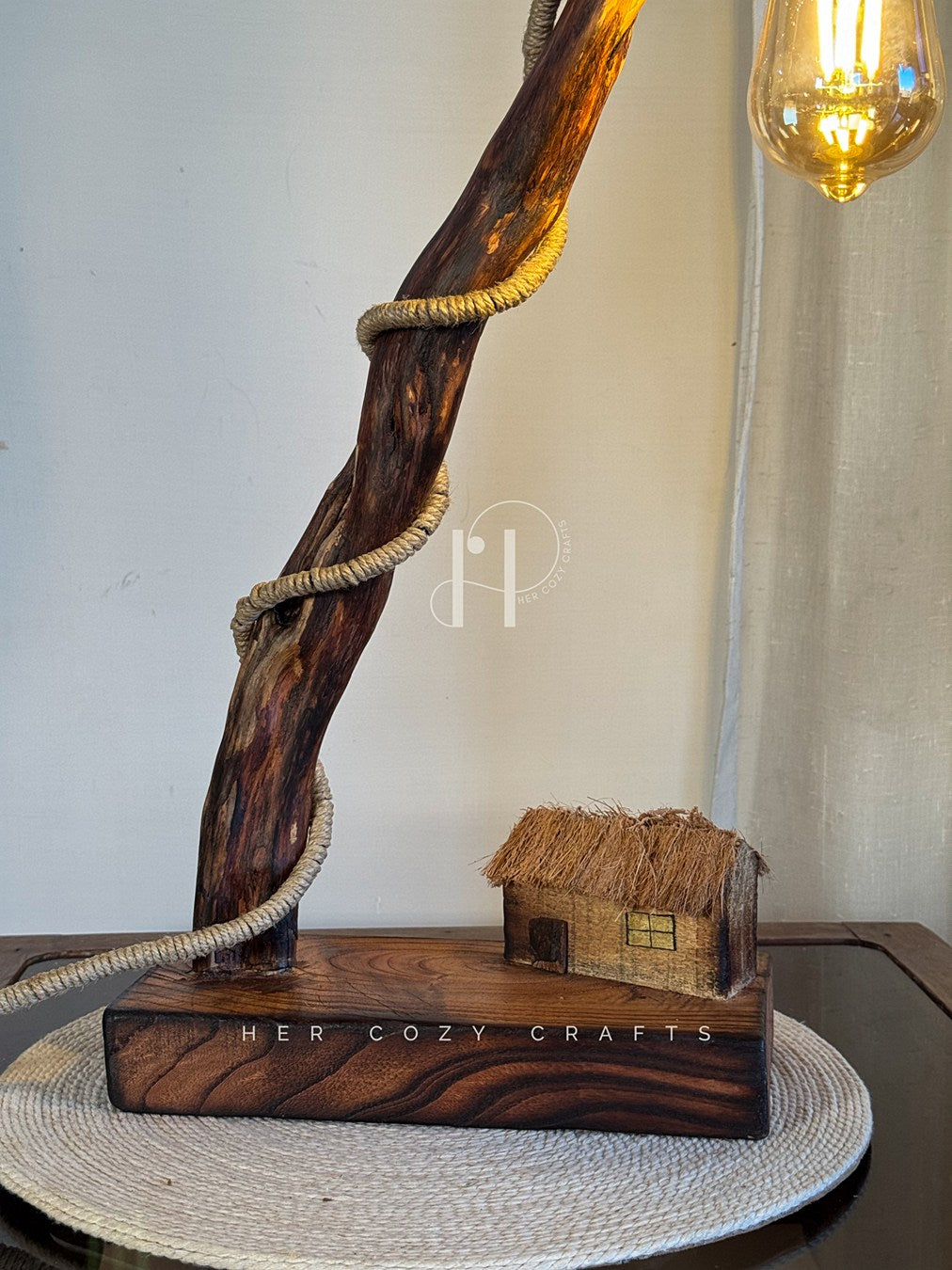 Driftwood Haven Lamp-Natural Driftwood Lamp with Jute-Wrapped Bulb & Miniature Cottage Detail