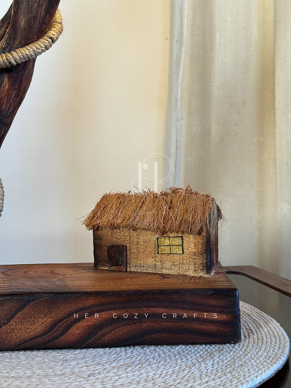 Driftwood Haven Lamp-Natural Driftwood Lamp with Jute-Wrapped Bulb & Miniature Cottage Detail