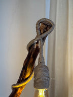 Driftwood Haven Lamp-Natural Driftwood Lamp with Jute-Wrapped Bulb & Miniature Cottage Detail