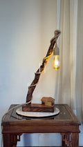 Driftwood Haven Lamp-Natural Driftwood Lamp with Jute-Wrapped Bulb & Miniature Cottage Detail