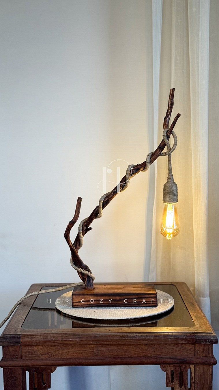 Wildwood Arc Lamp-Handcrafted Driftwood Lamp with Jute-Wrapped Hanging Bulb