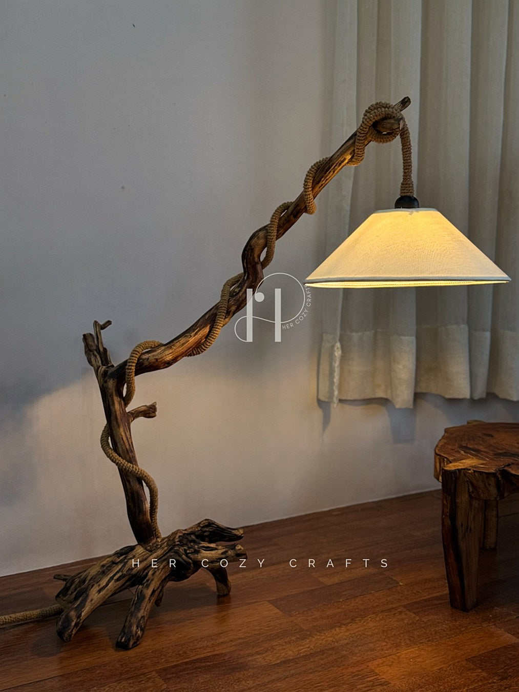 Natural Driftwood Floor Lamp with Jute-Wrapped Hanging Shade