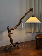 Natural Driftwood Floor Lamp with Jute-Wrapped Hanging Shade