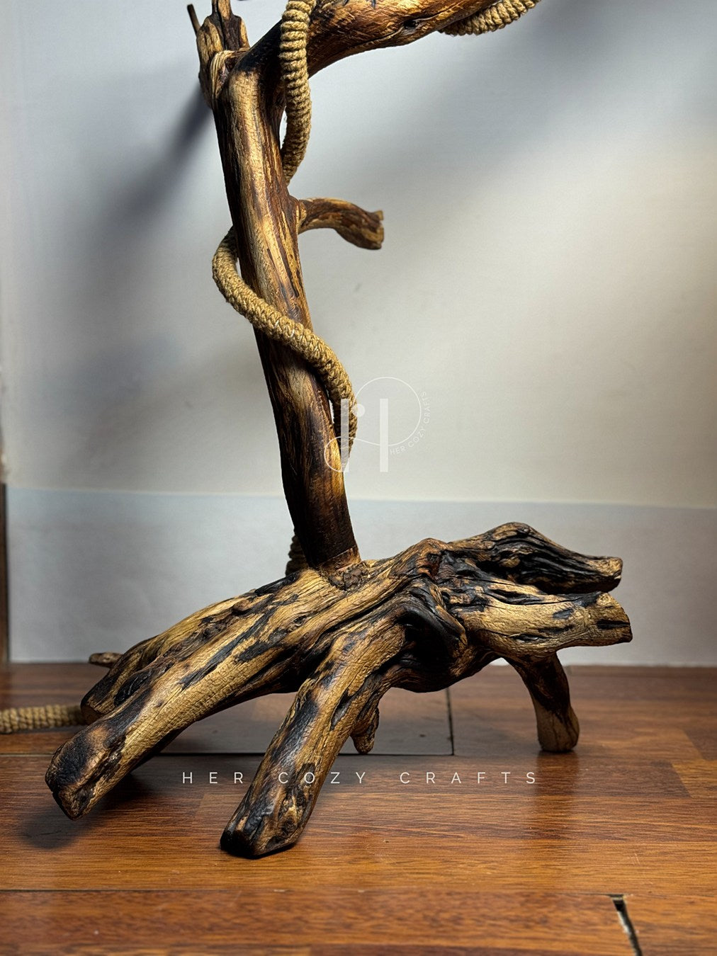 Natural Driftwood Floor Lamp with Jute-Wrapped Hanging Shade