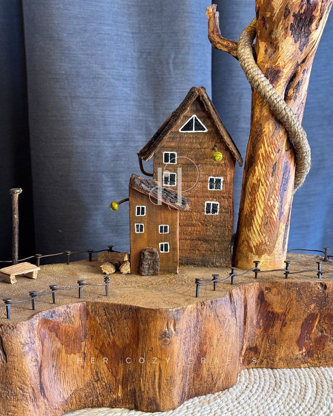 The Woodland Haven Lamp — Sculptural Driftwood with a Storybook Village