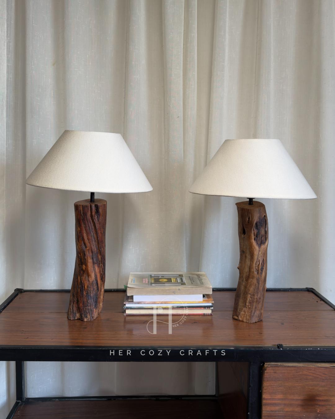 Twin Stump Lamp Set - Natural wood bases with off white cone shades