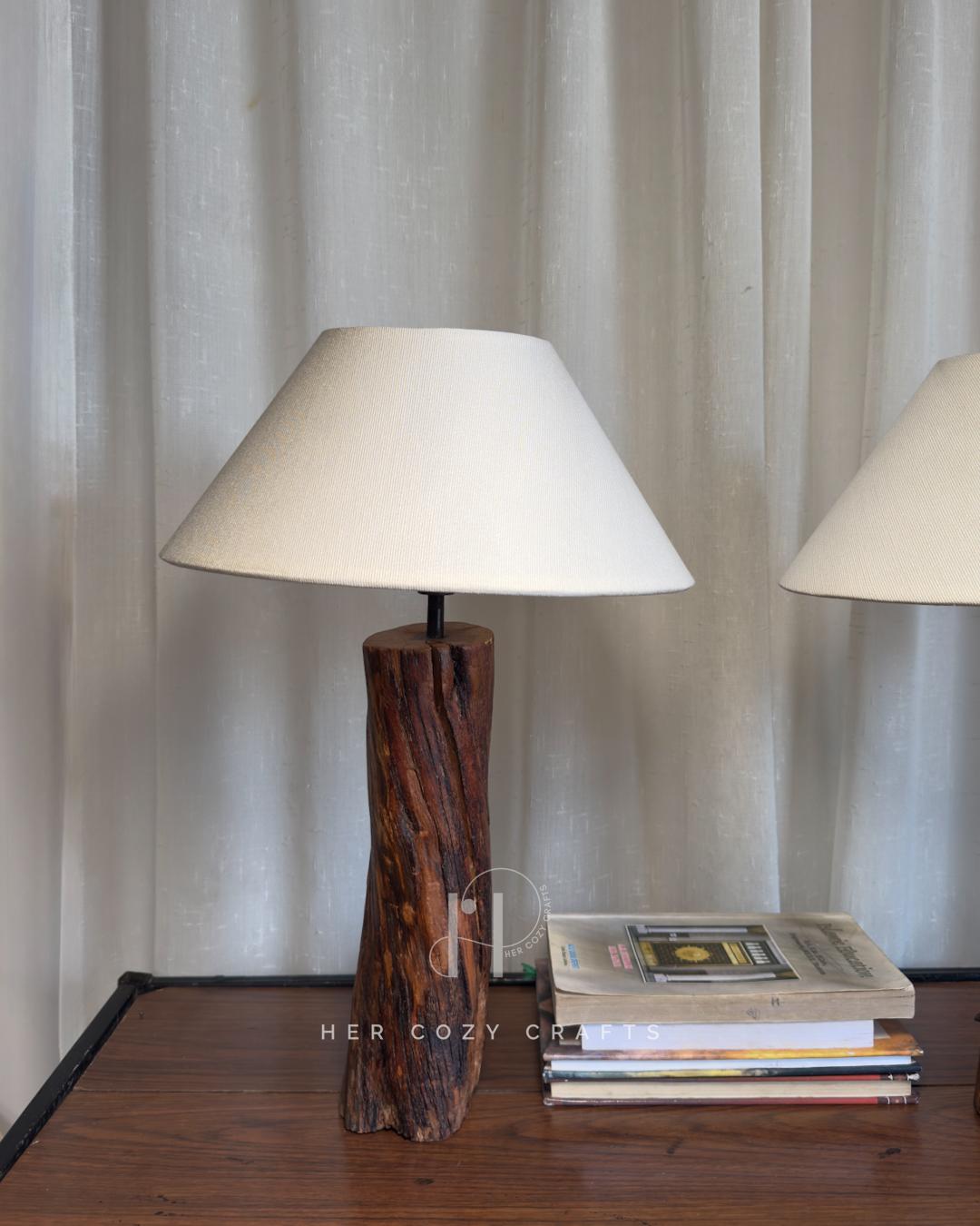Twin Stump Lamp Set - Natural wood bases with off white cone shades