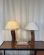 Twin Stump Lamp Set - Natural wood bases with off white cone shades