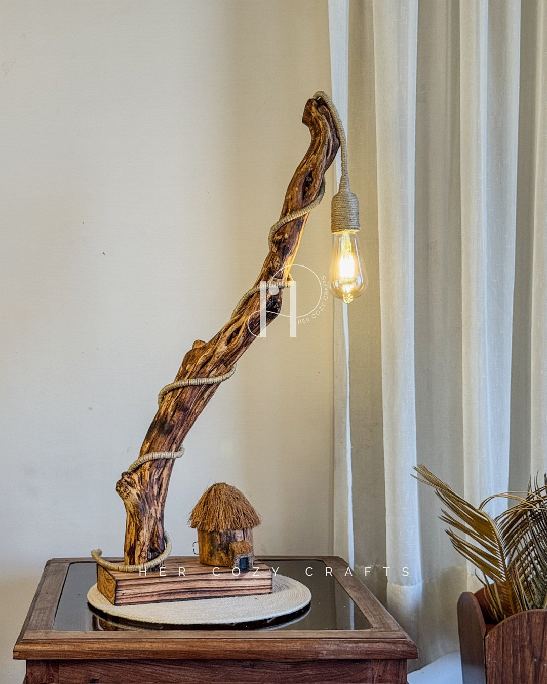 The Wildwood Glow Lamp-Handcrafted Driftwood Branch with Jute-Wrapped Cord & Tiny Woodland Cottage