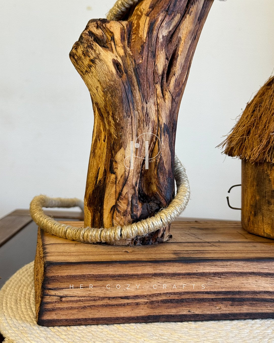The Wildwood Glow Lamp-Handcrafted Driftwood Branch with Jute-Wrapped Cord & Tiny Woodland Cottage