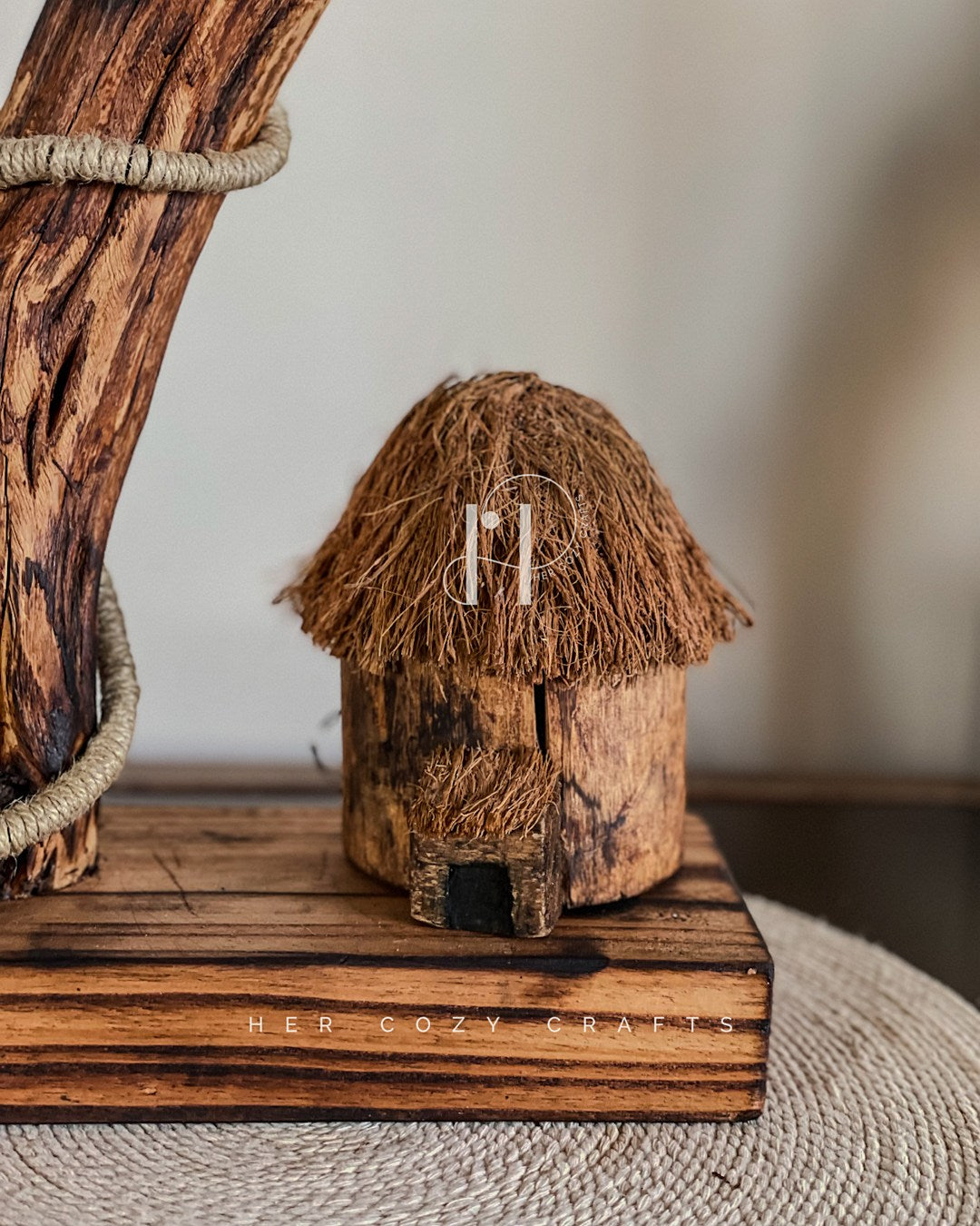 The Wildwood Glow Lamp-Handcrafted Driftwood Branch with Jute-Wrapped Cord & Tiny Woodland Cottage