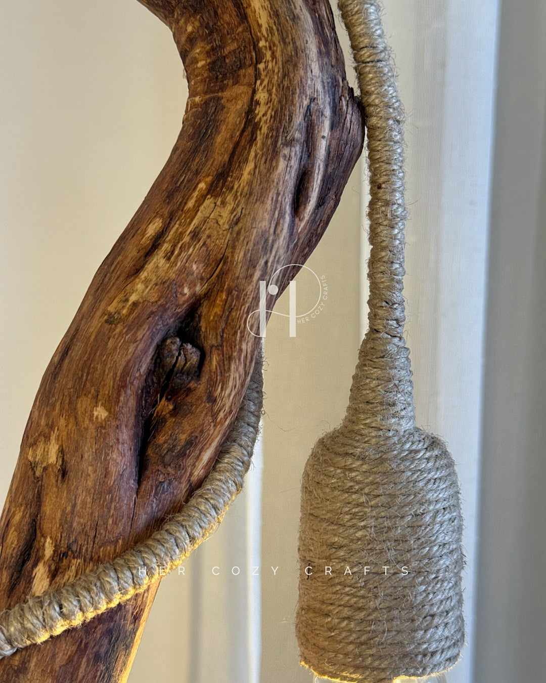The Wildwood Glow Lamp-Handcrafted Driftwood Branch with Jute-Wrapped Cord & Tiny Woodland Cottage