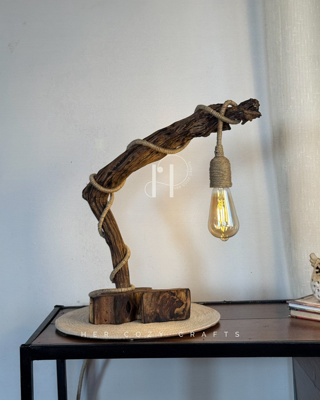 Woven Arc Lamp - Curved Driftwood Frame with Rope-Wrapped Hanging Bulb