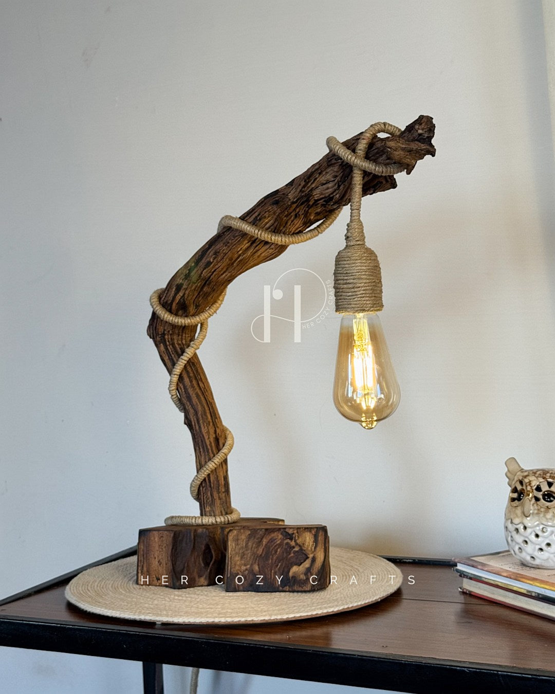 Woven Arc Lamp - Curved Driftwood Frame with Rope-Wrapped Hanging Bulb