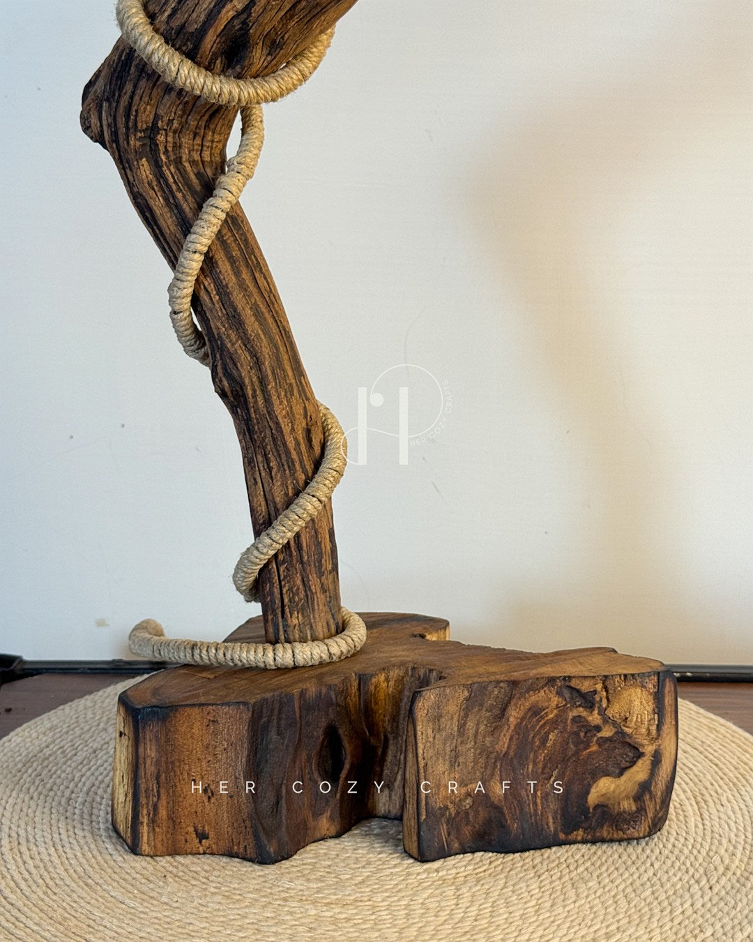 Woven Arc Lamp - Curved Driftwood Frame with Rope-Wrapped Hanging Bulb