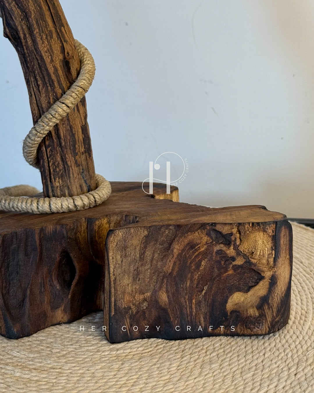 Woven Arc Lamp - Curved Driftwood Frame with Rope-Wrapped Hanging Bulb