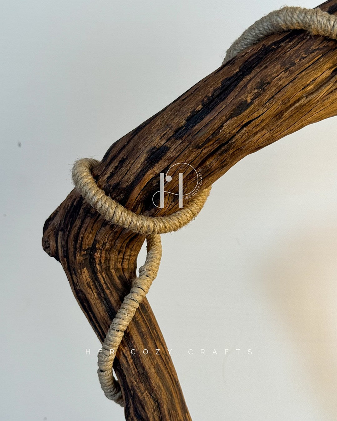 Woven Arc Lamp - Curved Driftwood Frame with Rope-Wrapped Hanging Bulb