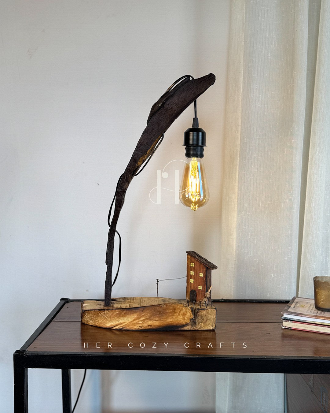 (Pair) Story wood Duo - Curved Driftwood Lamps Hanging Bulbs