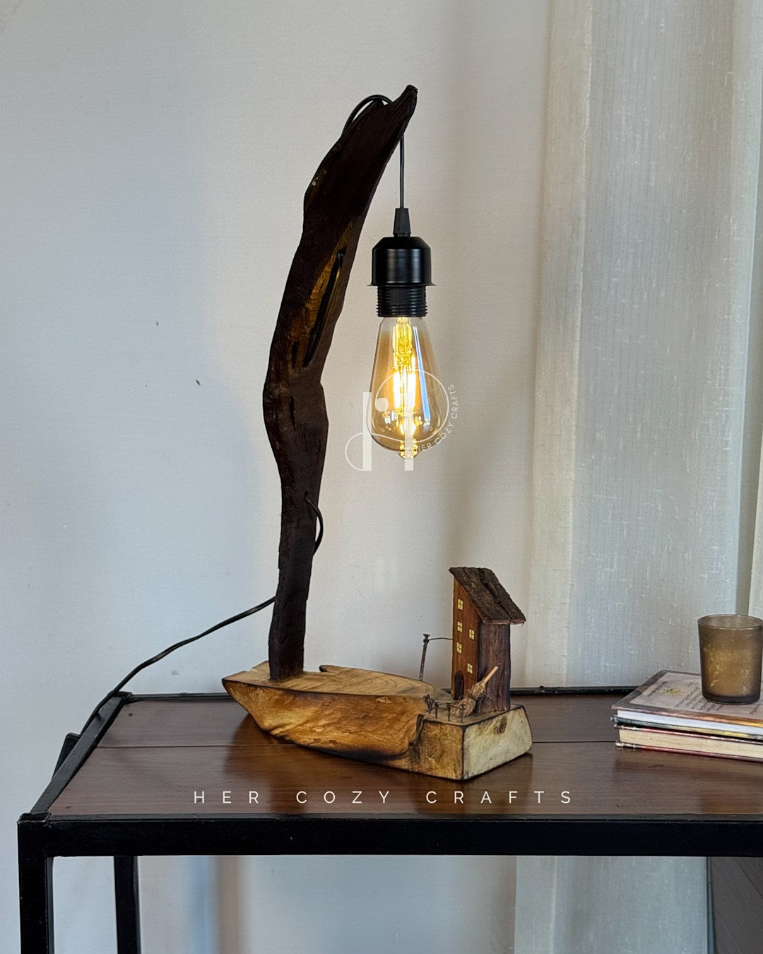 Story wood Table Lamp - Curved Driftwood Lamp with Hanging Bulb