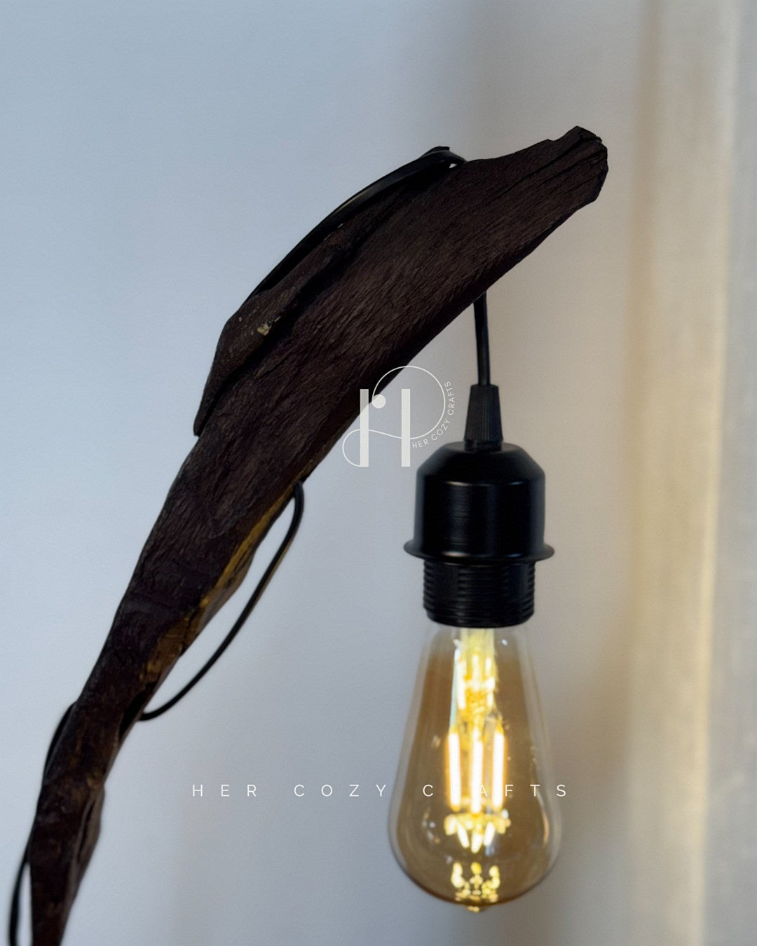 Story wood Table Lamp - Curved Driftwood Lamp with Hanging Bulb