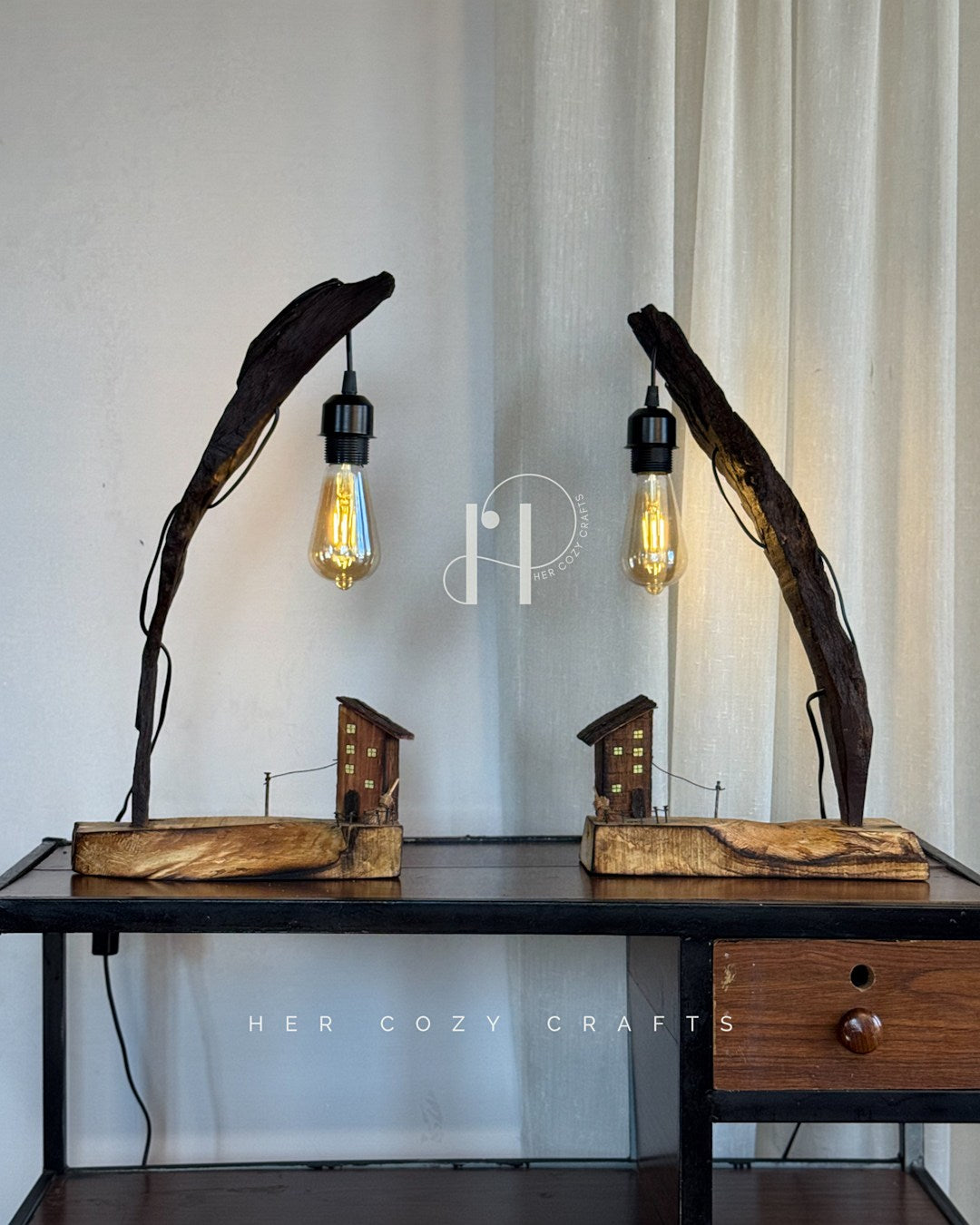 (Pair) Story wood Duo - Curved Driftwood Lamps Hanging Bulbs