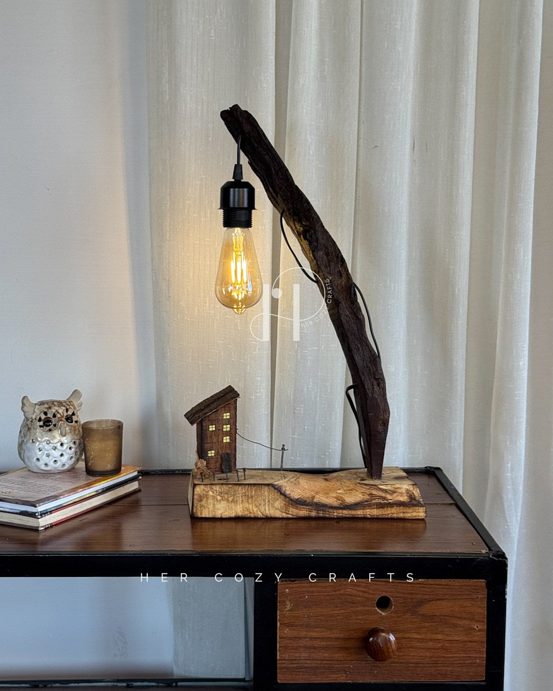 (Pair) Story wood Duo - Curved Driftwood Lamps Hanging Bulbs