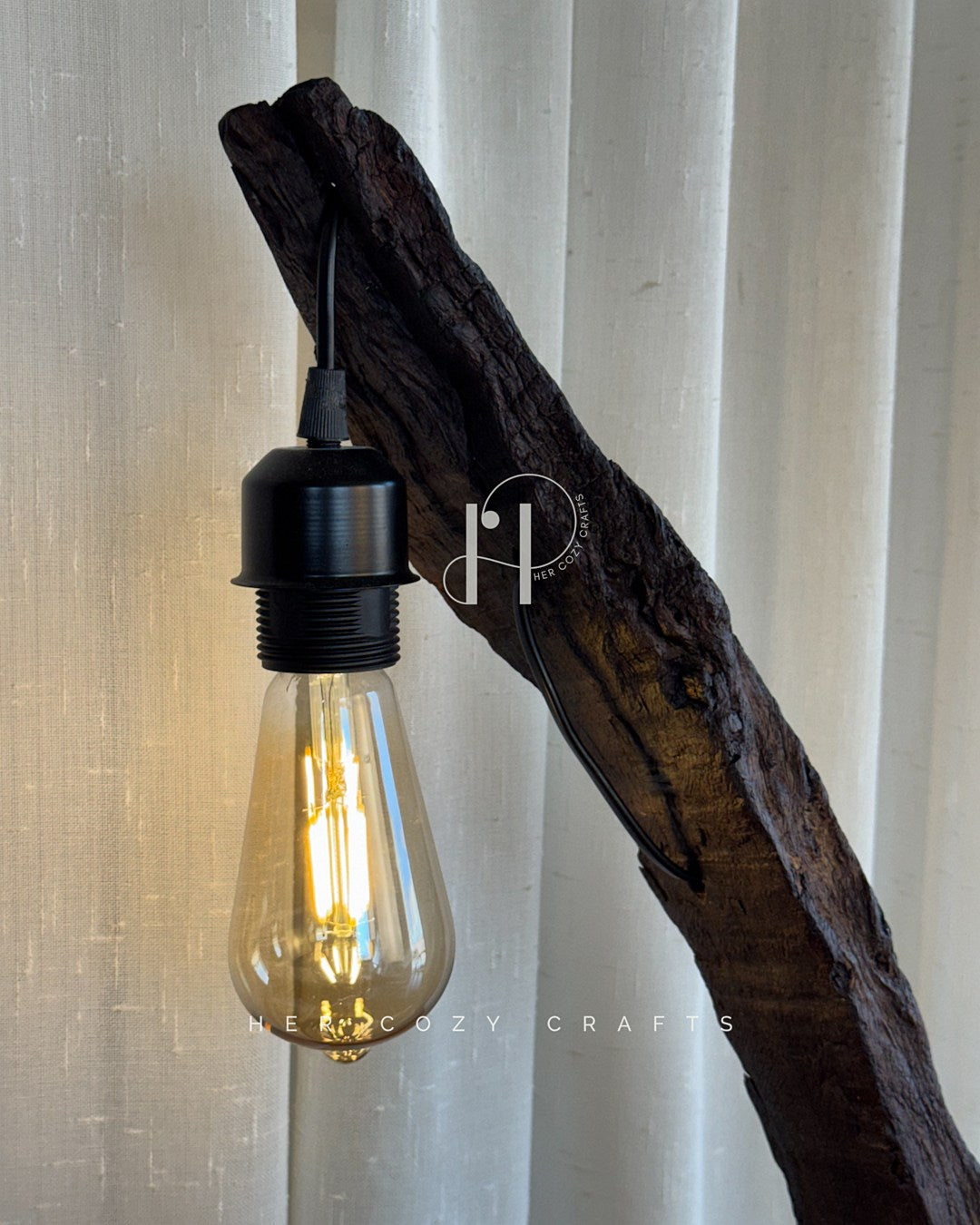 Story wood Table Lamp II - Curved Driftwood Lamp with Hanging Bulb