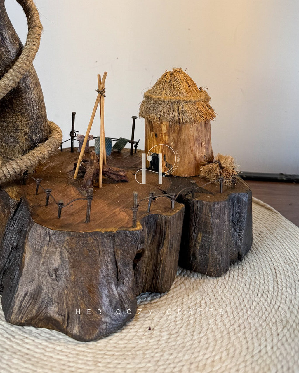 Wildwood Arc Lamp-Natural signature table lamp Base with Rope-Wrapped Hanging Bulb & Miniature Village Detail