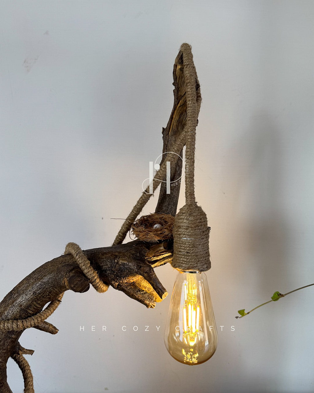 Wildwood Arc Lamp-Natural signature table lamp Base with Rope-Wrapped Hanging Bulb & Miniature Village Detail