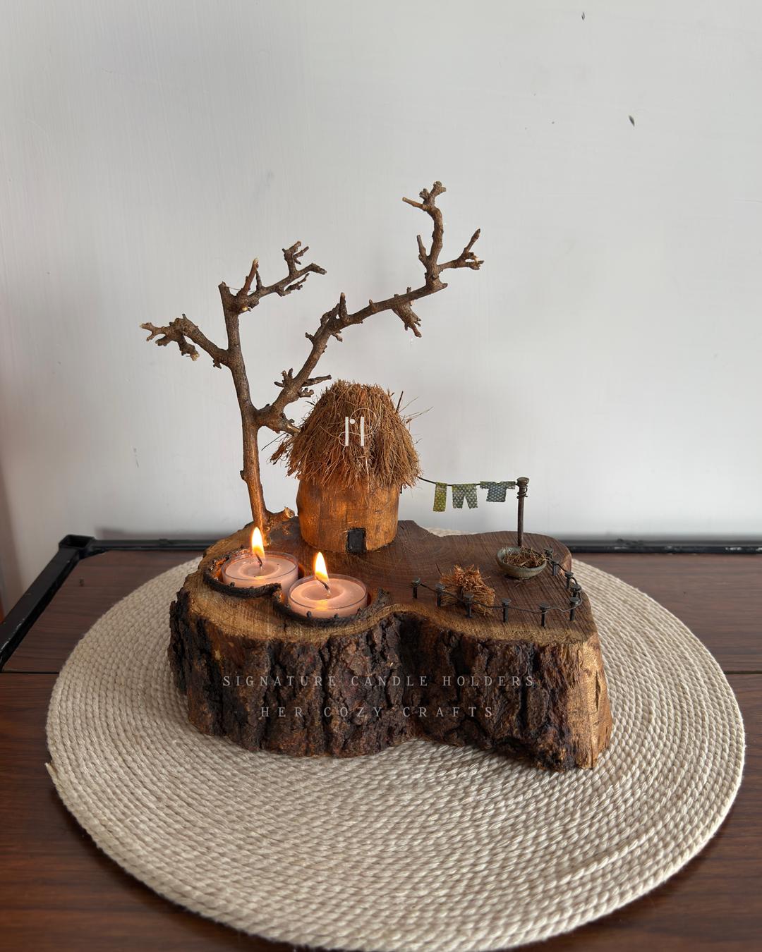 Domed Hut Home | Wooden Tealight Candle Holder with Miniature Hut Art